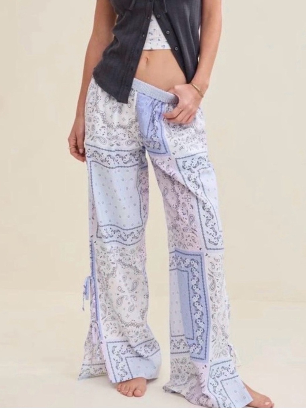 Aerie Off Duty Seersucker Bandana Print Wide Leg Side Tie Trouser Pj Pant Sz XL